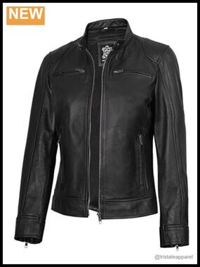 Real Lambskin Leather Jacket Women Stylish Cafe Racer Moto